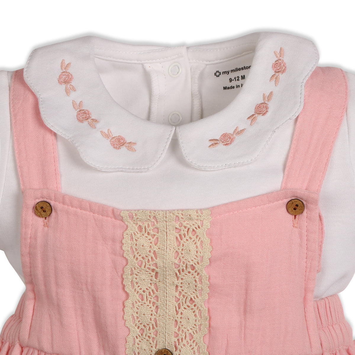 My Milestones Baby Girl Chloé Dungaree Dress With Crochet Details And Embroidered Tee - White & Pink