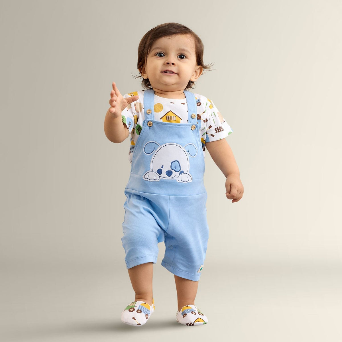 Baby Boy Dog Applique Dungaree With Short Sleeves Tee In Barnyard Print - Blue & White