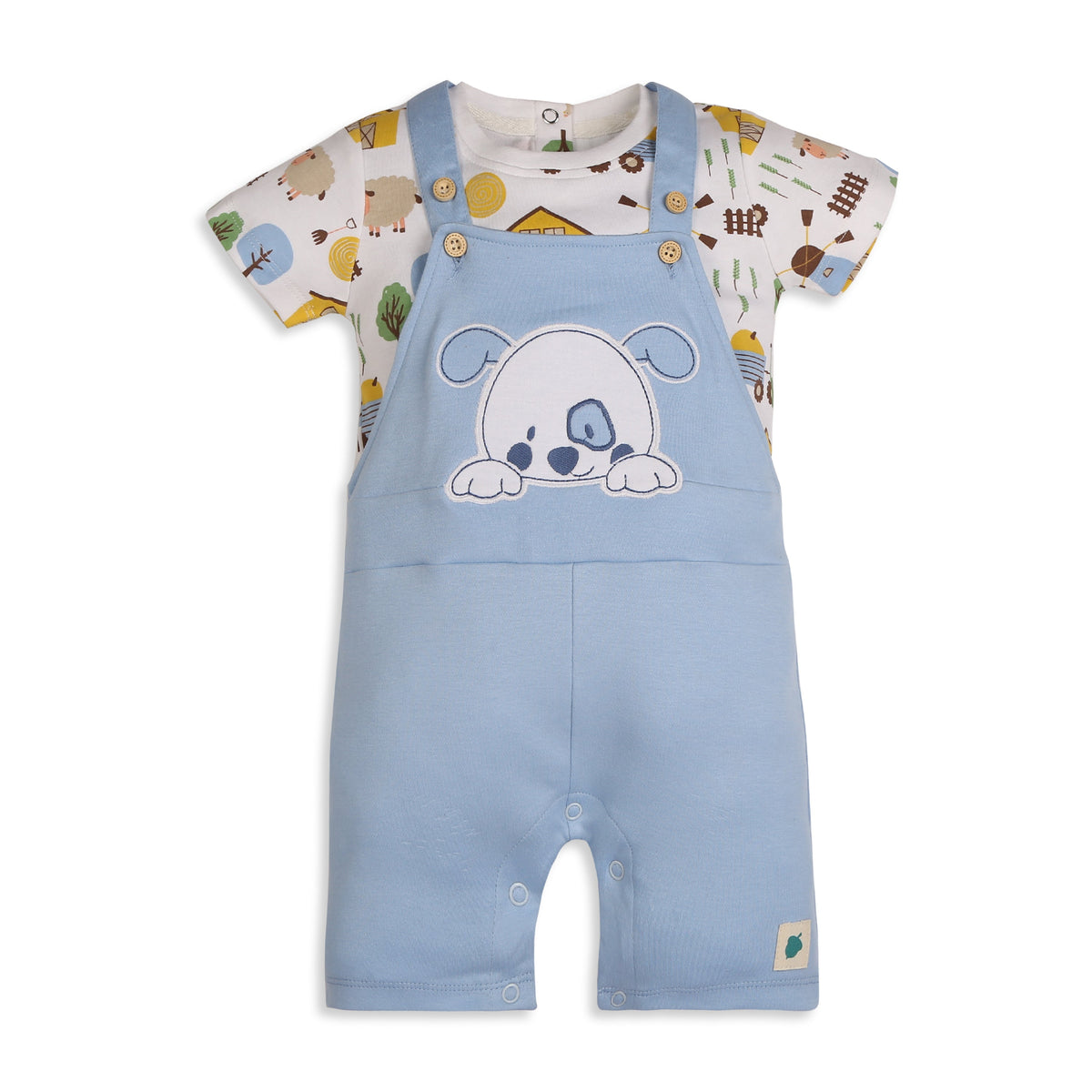 Baby Boy Dog Applique Dungaree With Short Sleeves Tee In Barnyard Print - Blue & White