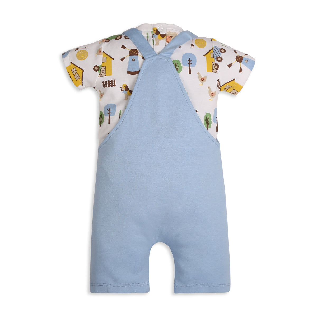 Baby Boy Dog Applique Dungaree With Short Sleeves Tee In Barnyard Print - Blue & White