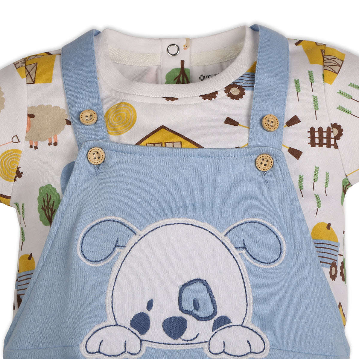 Baby Boy Dog Applique Dungaree With Short Sleeves Tee In Barnyard Print - Blue & White