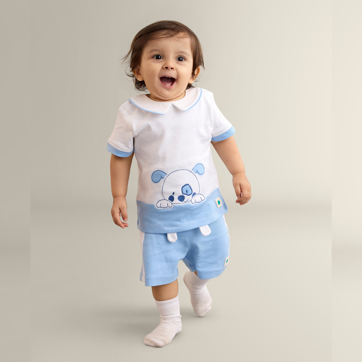 My Milestones Bio-Wash 100% Cotton Barnyard Dog Applique Embroidered Tee with Color Block Shorts - White & Blue