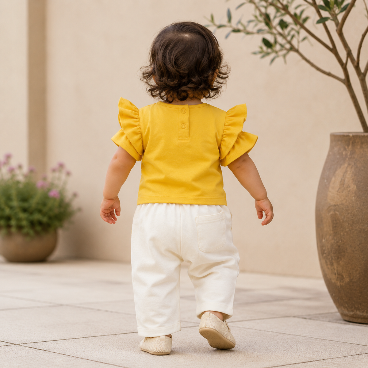 My Milestones Bio-Wash 100% Cotton Daffodil Ruffle Tee Jogger Co-ord Set - Yellow & Vanilla Ice