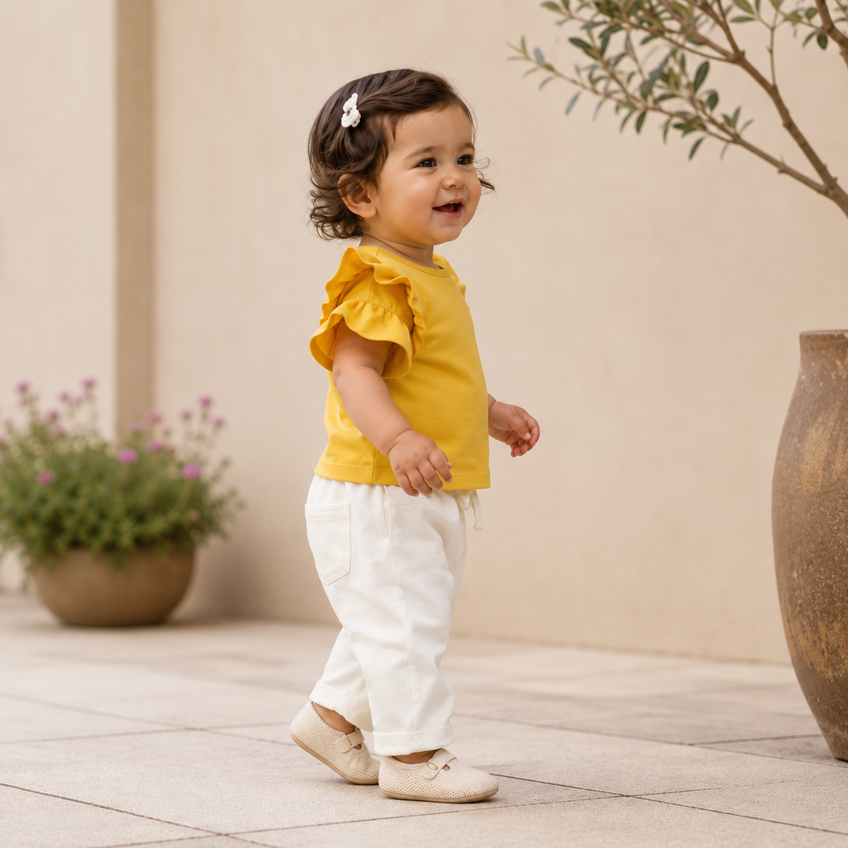 My Milestones Bio-Wash 100% Cotton Daffodil Ruffle Tee Jogger Co-ord Set - Yellow & Vanilla Ice