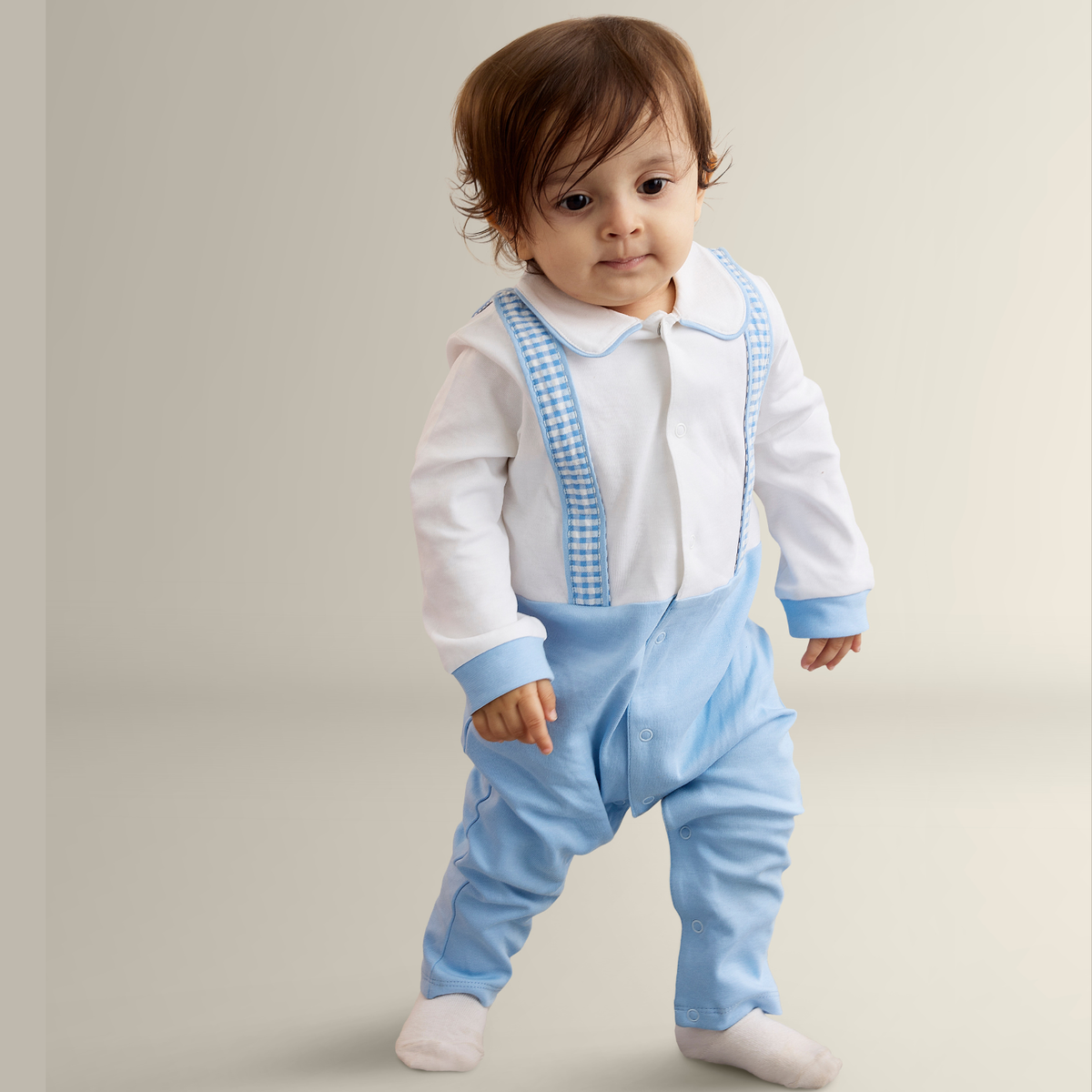 My Milestones Henry Full Sleeves Romper With Gingham Straps - Blue & White