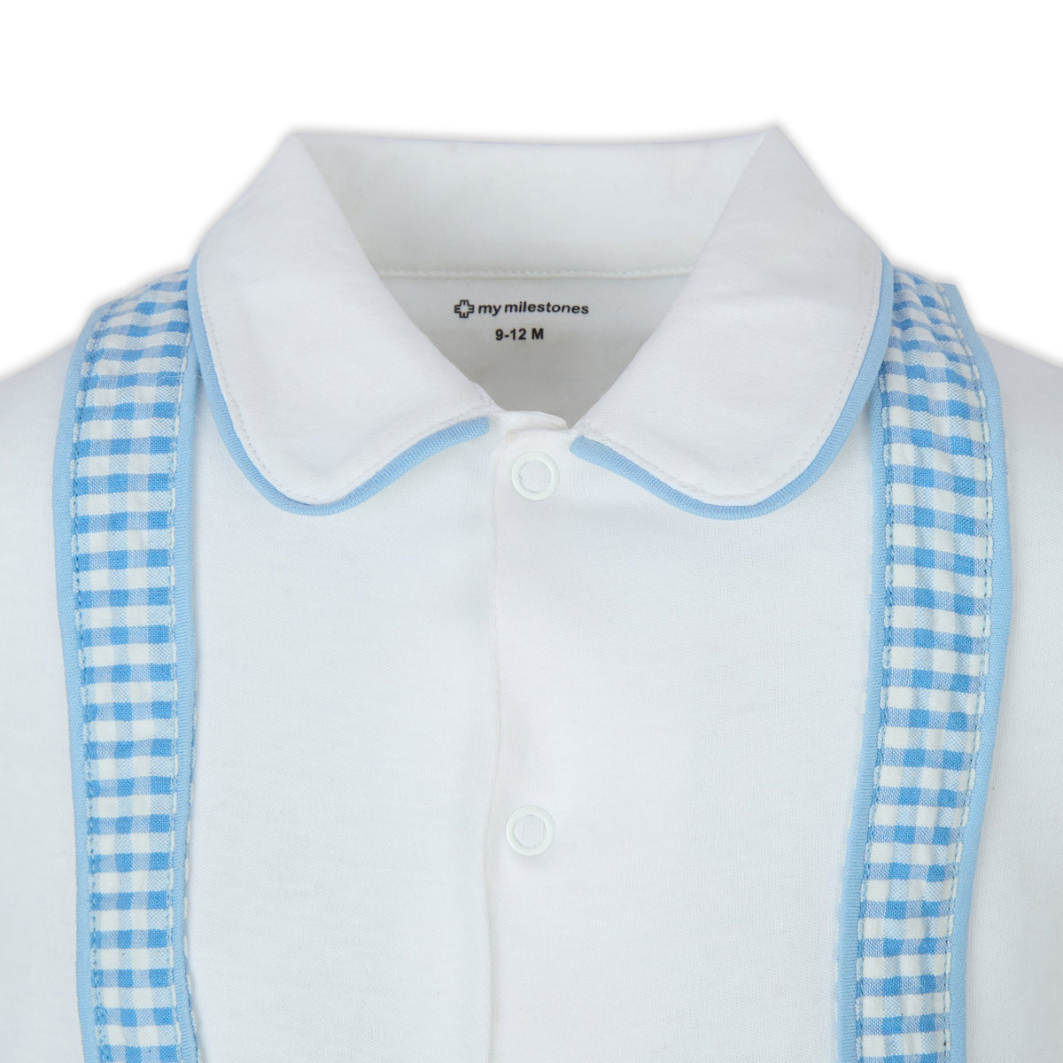 My Milestones Henry Full Sleeves Romper With Gingham Straps - Blue & White