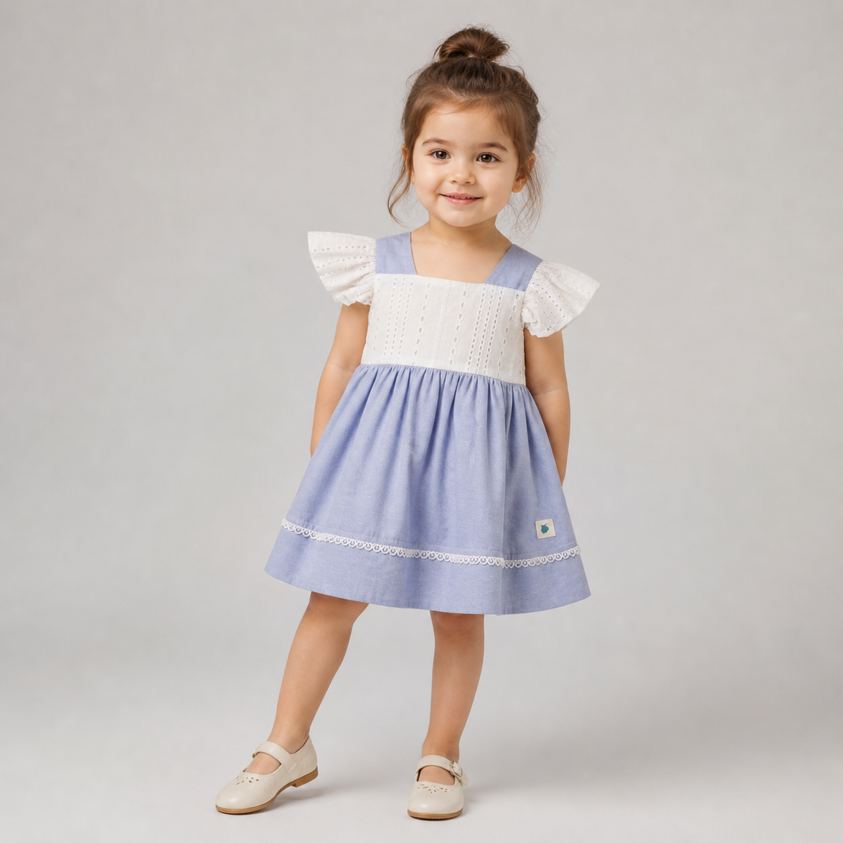 My Milestones Celeste Sky Pure Cotton Eyelet & Oxford Chambray Flared Dress with Lace Detail - White & Blue