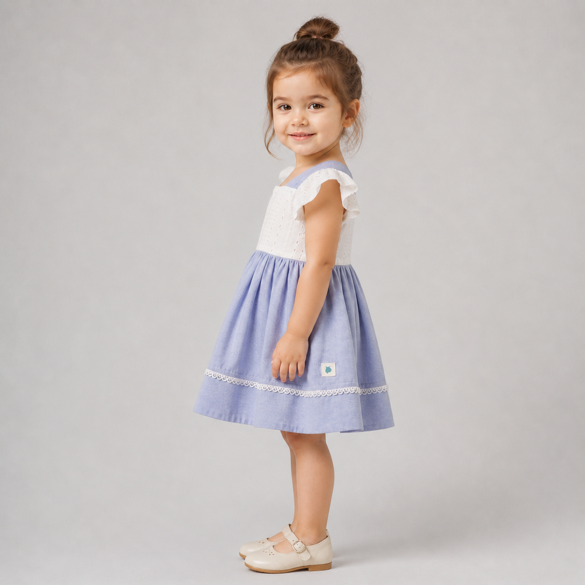 My Milestones Celeste Sky Pure Cotton Eyelet & Oxford Chambray Flared Dress with Lace Detail - White & Blue