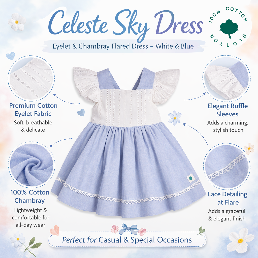 My Milestones Celeste Sky Pure Cotton Eyelet & Oxford Chambray Flared Dress with Lace Detail - White & Blue