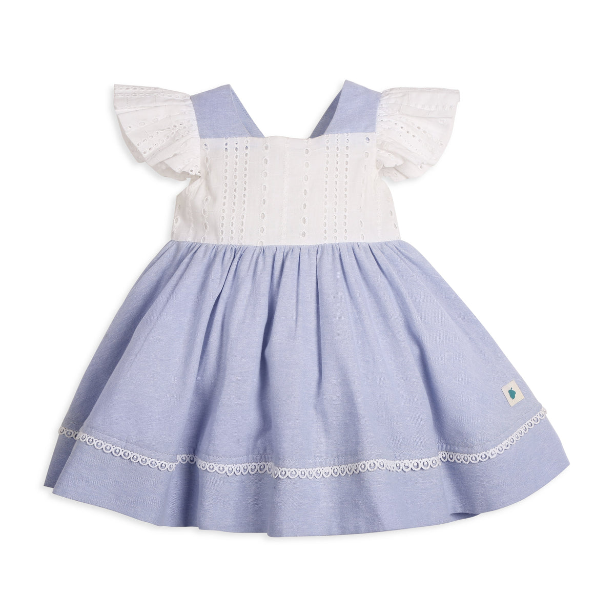 My Milestones Celeste Sky Pure Cotton Eyelet & Oxford Chambray Flared Dress with Lace Detail - White & Blue