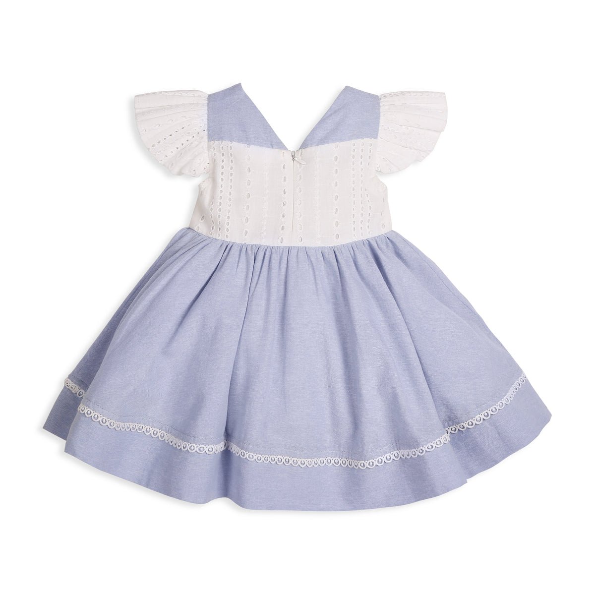 My Milestones Celeste Sky Pure Cotton Eyelet & Oxford Chambray Flared Dress with Lace Detail - White & Blue