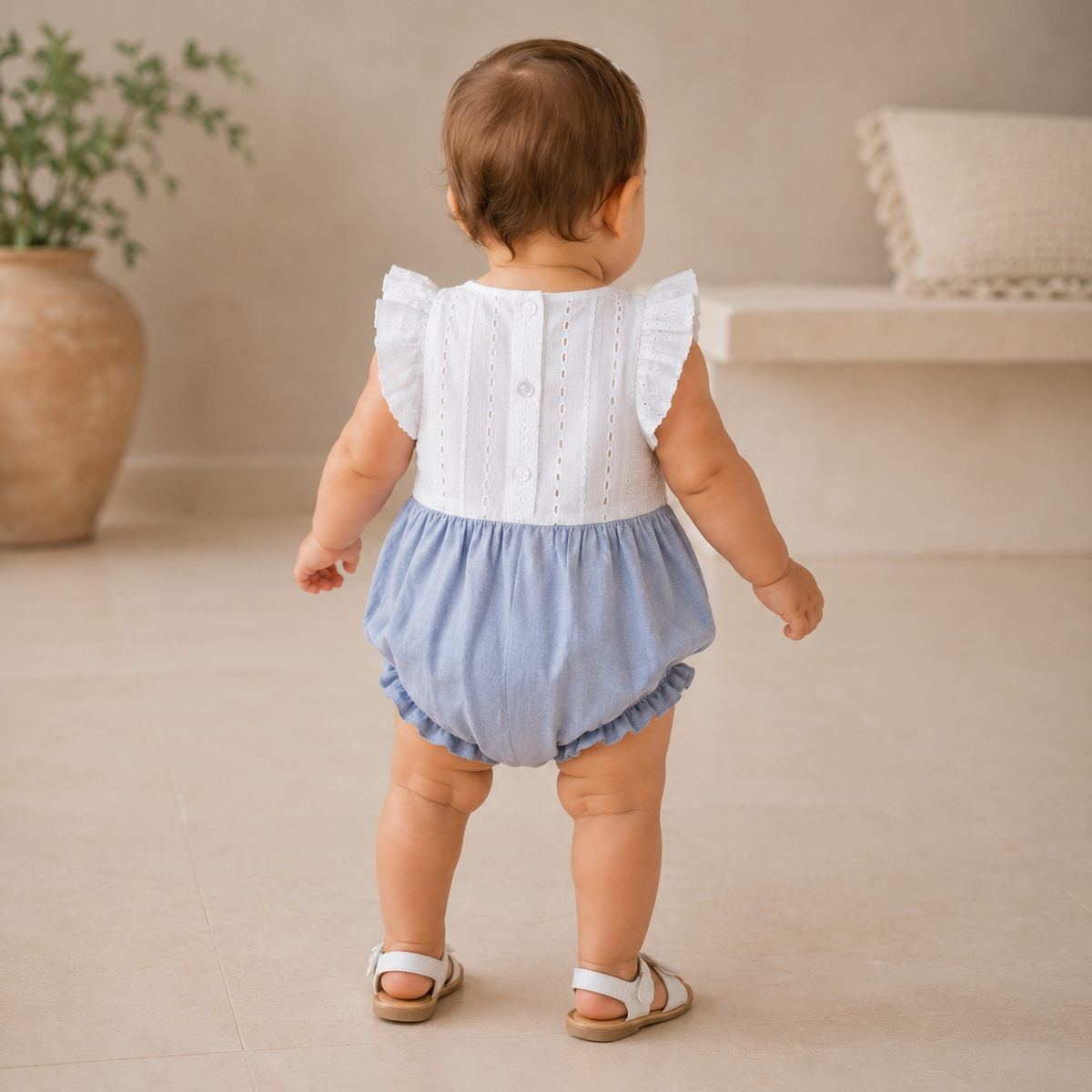 My Milestones Luna Sky Pure Cotton Eyelet Short Romper with Ruffles & Lace Details - White & Blue