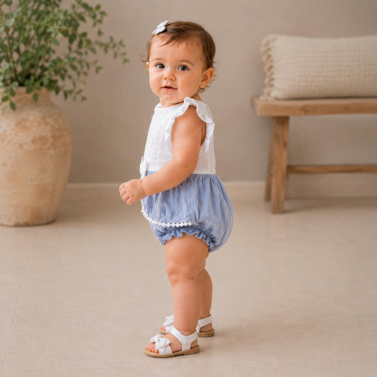 My Milestones Luna Sky Pure Cotton Eyelet Short Romper with Ruffles & Lace Details - White & Blue