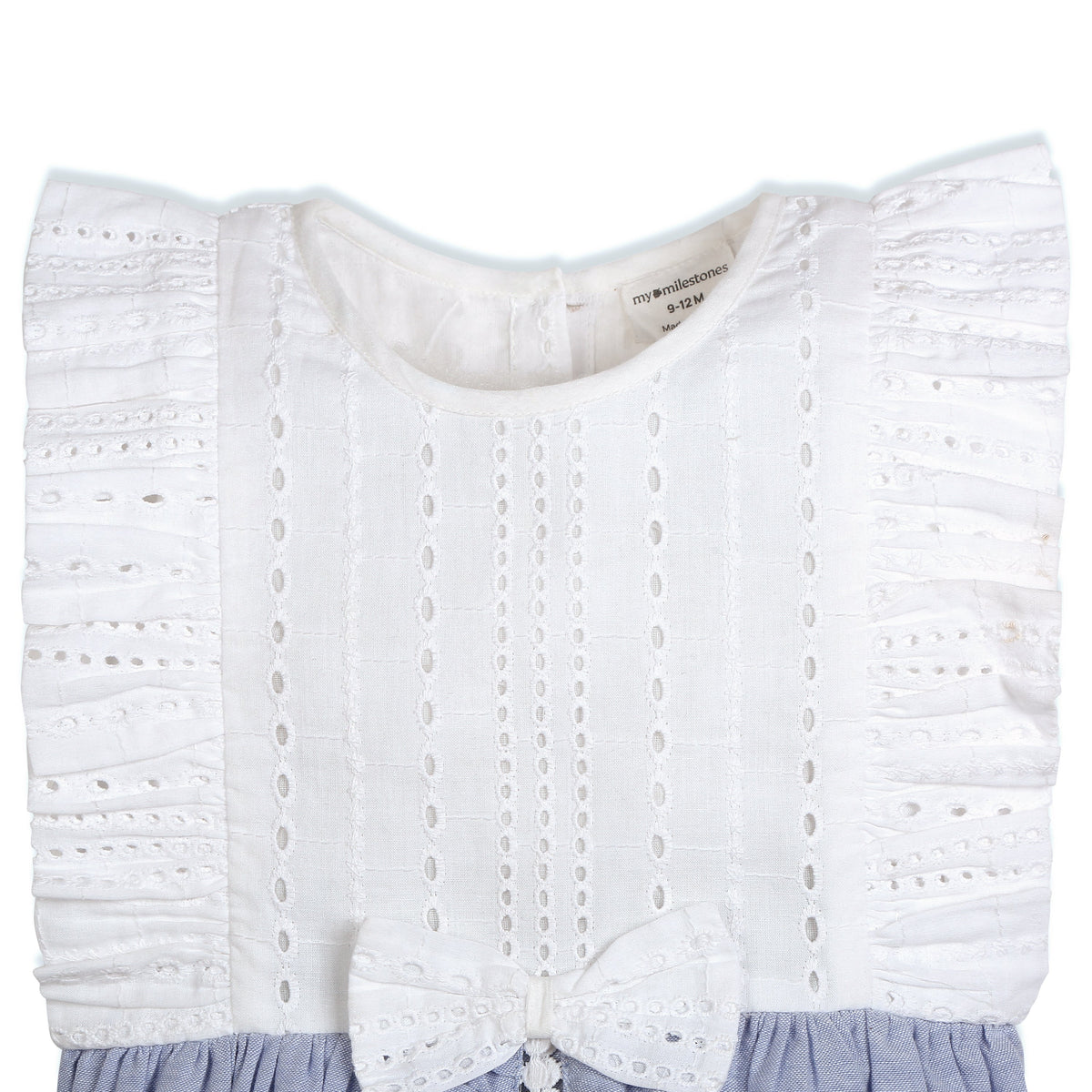 My Milestones Luna Sky Pure Cotton Eyelet Short Romper with Ruffles & Lace Details - White & Blue