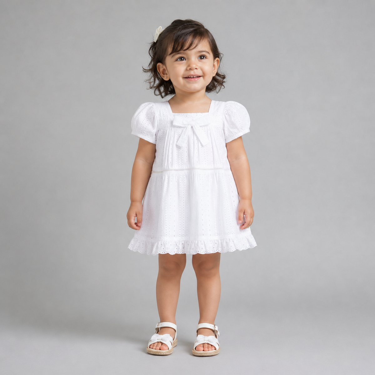 My Milestones Serenity Sky Pure Cotton Eyelet Short Sleeves Dress with Lace Details - White