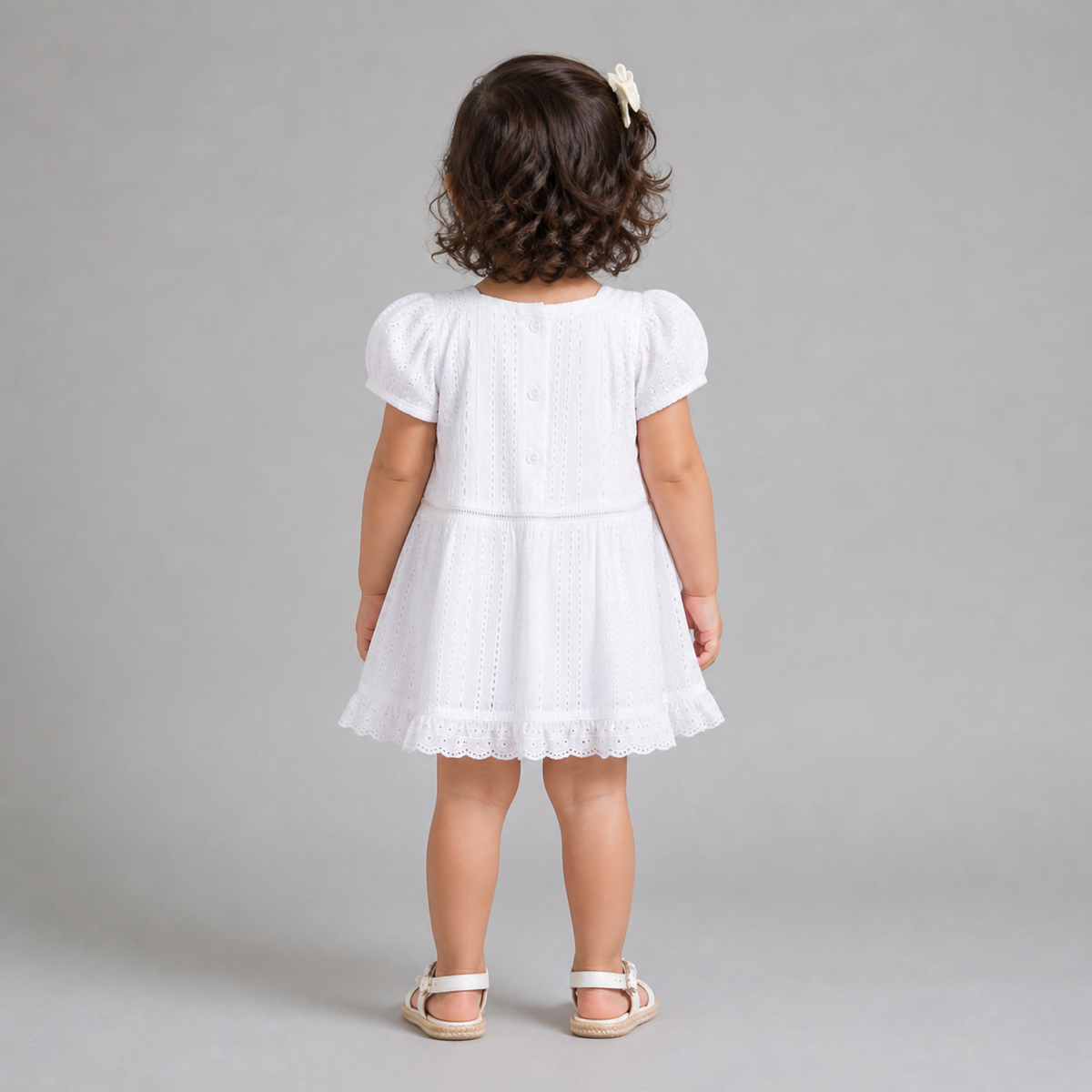 My Milestones Serenity Sky Pure Cotton Eyelet Short Sleeves Dress with Lace Details - White
