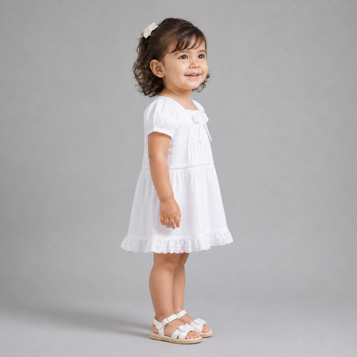 My Milestones Serenity Sky Pure Cotton Eyelet Short Sleeves Dress with Lace Details - White