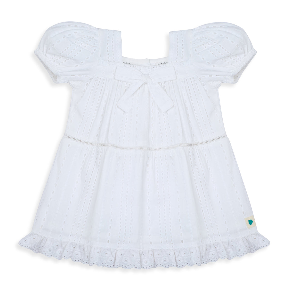 My Milestones Serenity Sky Pure Cotton Eyelet Short Sleeves Dress with Lace Details - White