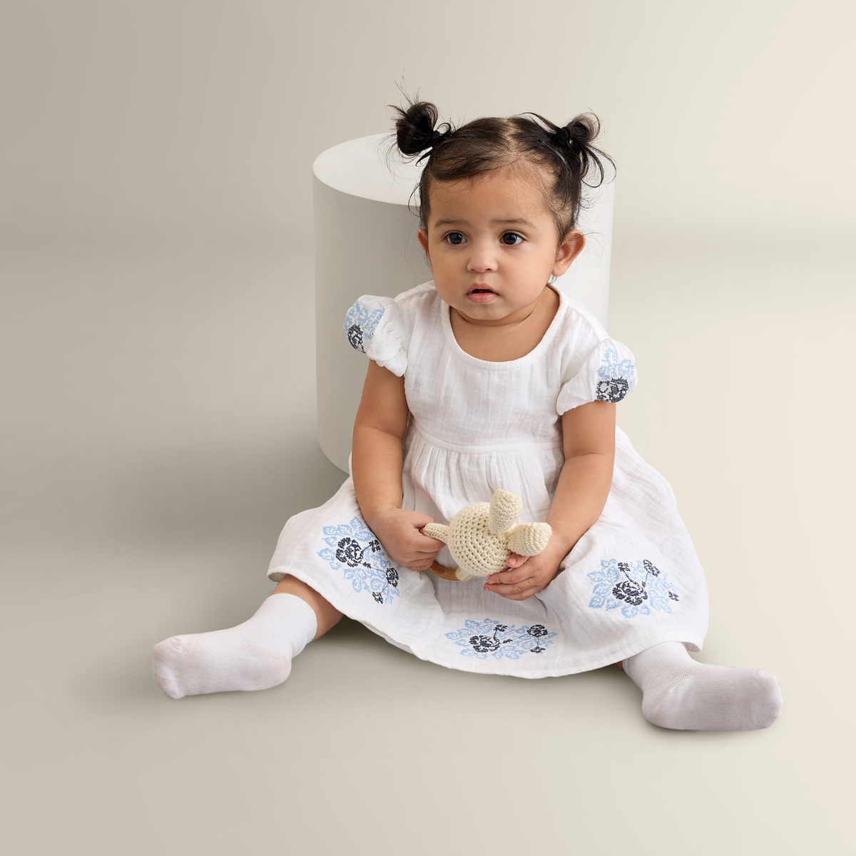 My Milestones Celeste Sky Pure Cotton Eyelet & Oxford Chambray Flared Dress with Lace Detail - White