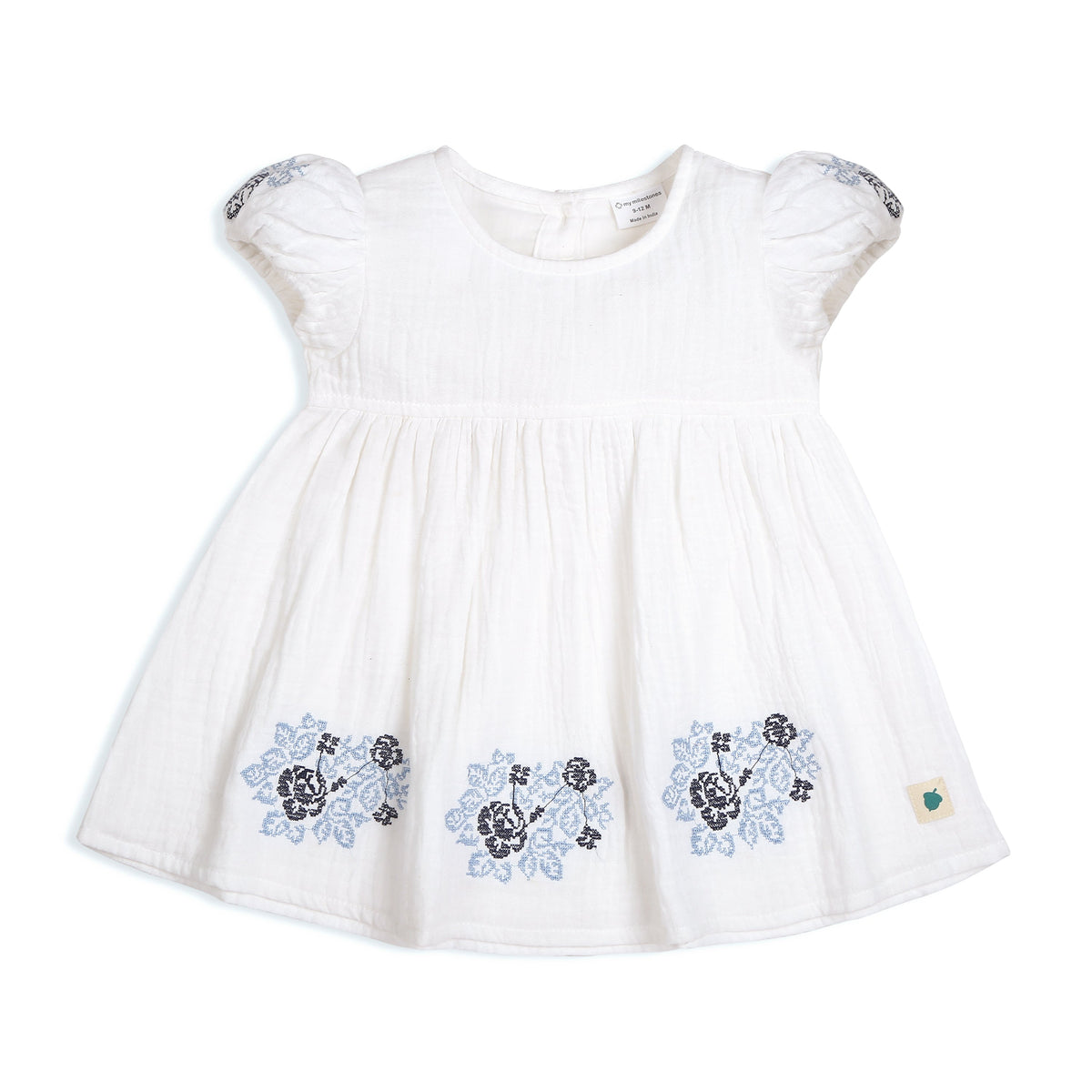 My Milestones Celeste Sky Pure Cotton Eyelet & Oxford Chambray Flared Dress with Lace Detail - White