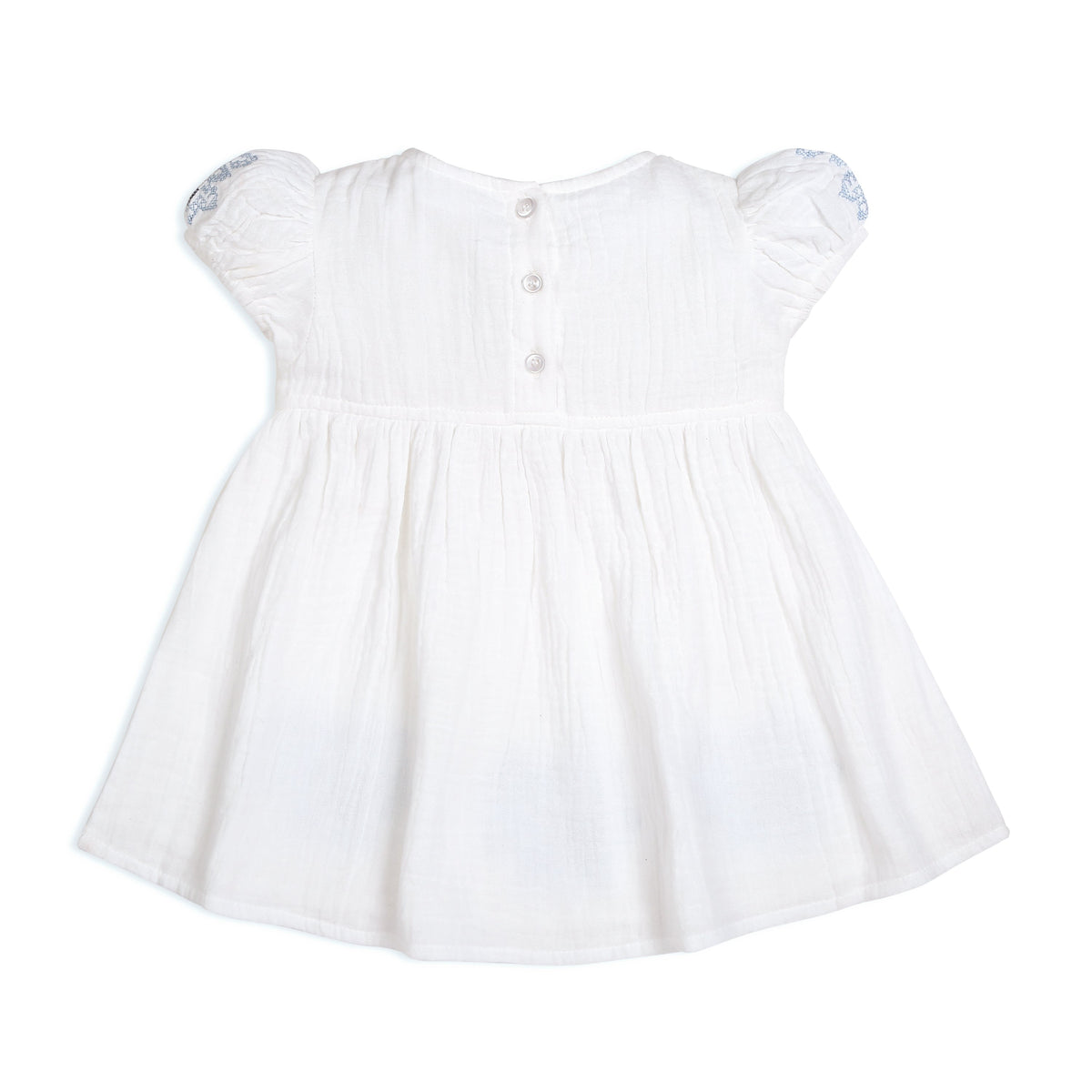 My Milestones Celeste Sky Pure Cotton Eyelet & Oxford Chambray Flared Dress with Lace Detail - White