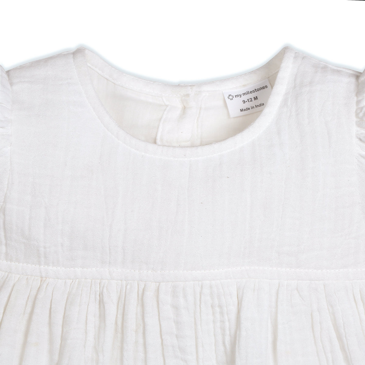 My Milestones Celeste Sky Pure Cotton Eyelet & Oxford Chambray Flared Dress with Lace Detail - White