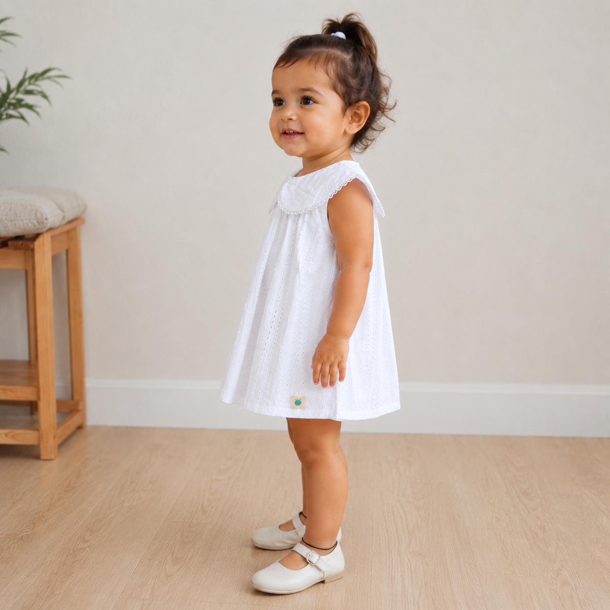My Milestones Ivy Sky Pure Cotton Eyelet Sleeveless Top with Bow Detail Collar - White
