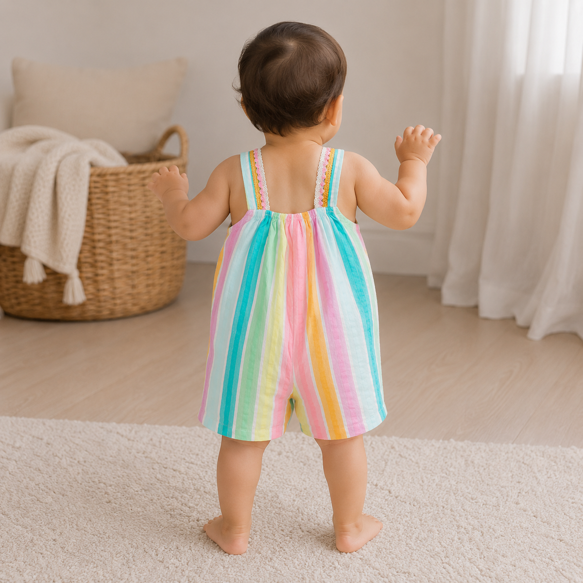 My Milestones Iris Handcrafted Crochet Detail Short Jumpsuit in Yarn-Dyed Rainbow Stripes Seersucker - Multicolour