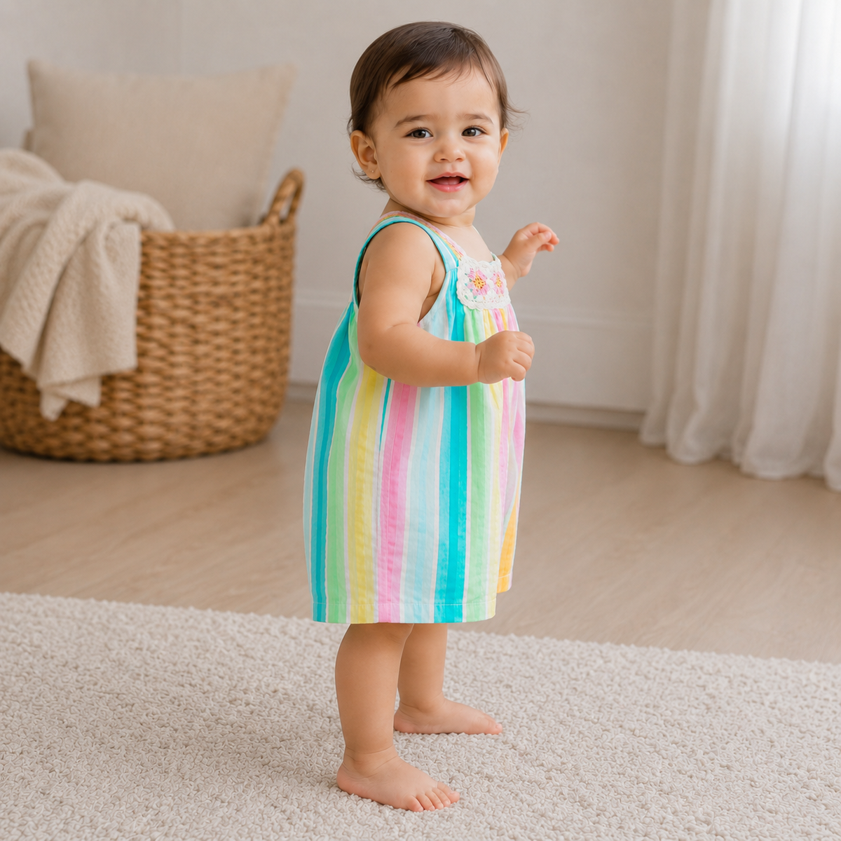 My Milestones Iris Handcrafted Crochet Detail Short Jumpsuit in Yarn-Dyed Rainbow Stripes Seersucker - Multicolour