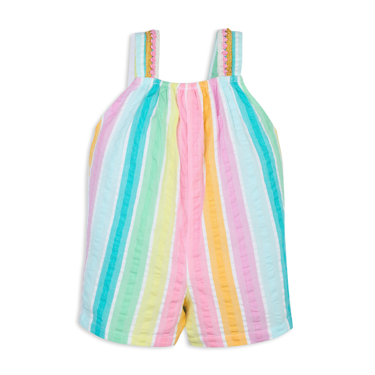 My Milestones Iris Handcrafted Crochet Detail Short Jumpsuit in Yarn-Dyed Rainbow Stripes Seersucker - Multicolour