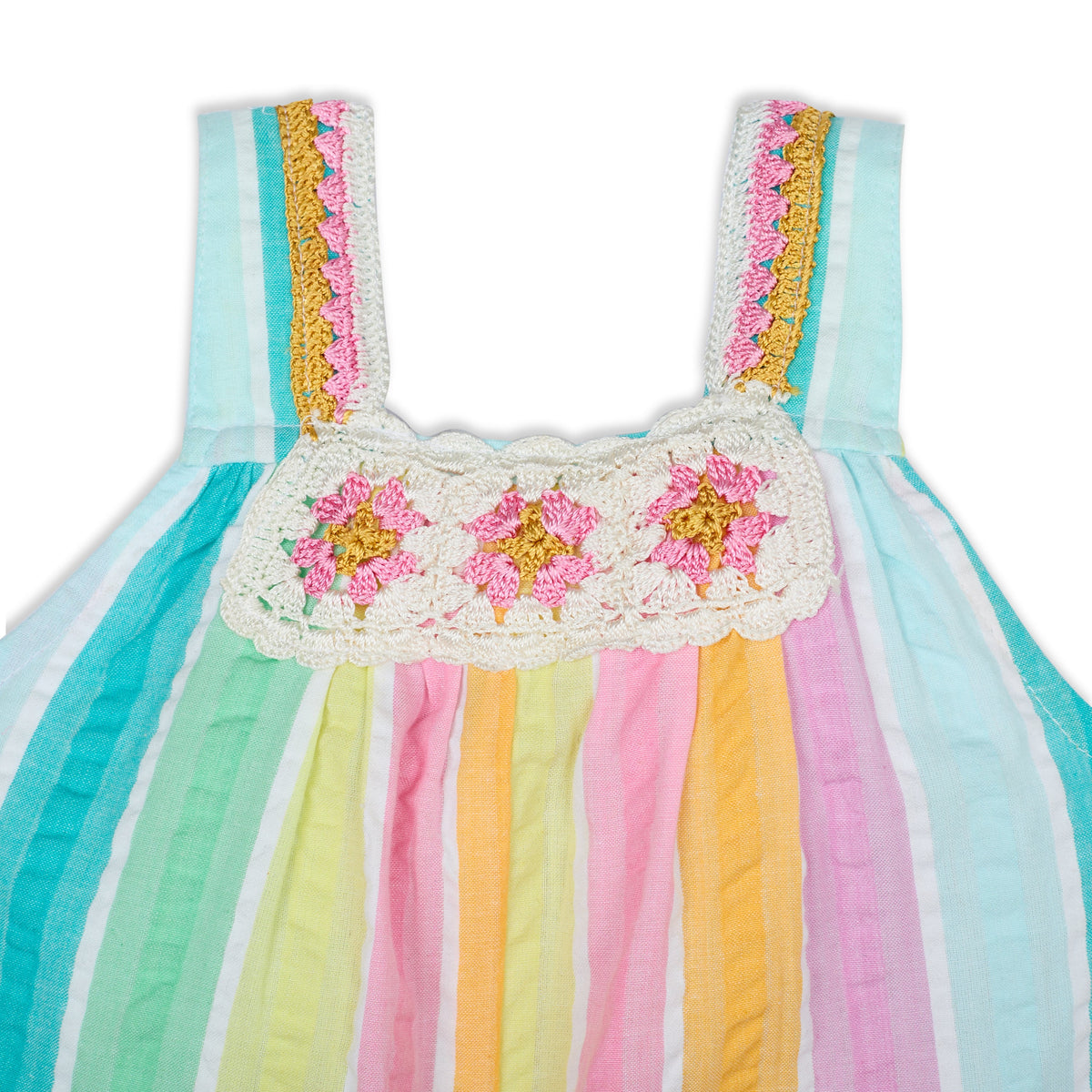 My Milestones Iris Handcrafted Crochet Detail Short Jumpsuit in Yarn-Dyed Rainbow Stripes Seersucker - Multicolour