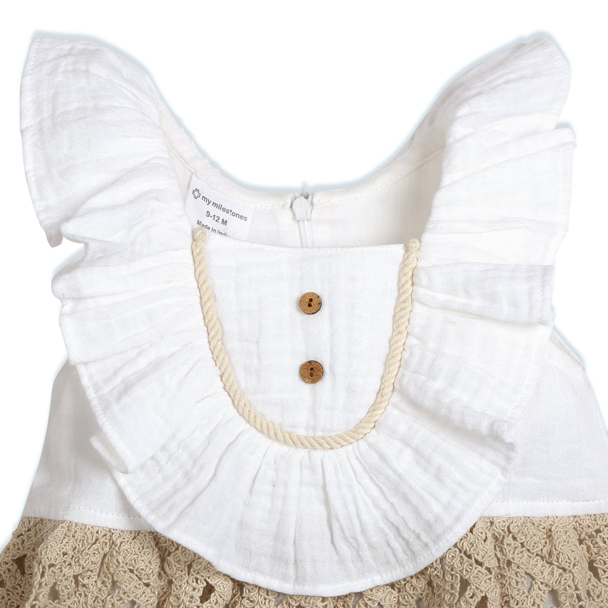 My Milestones Hazel Premium Crochet Dress with Ruffles at Yoke in Double Cloth - White & Beige
