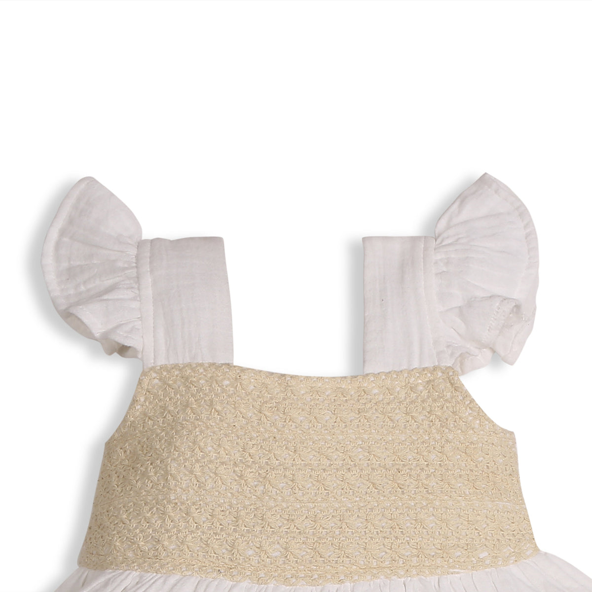 My Milestones Dove Crochet Yoke Dress in Double Cloth with Crochet Lace Details - White