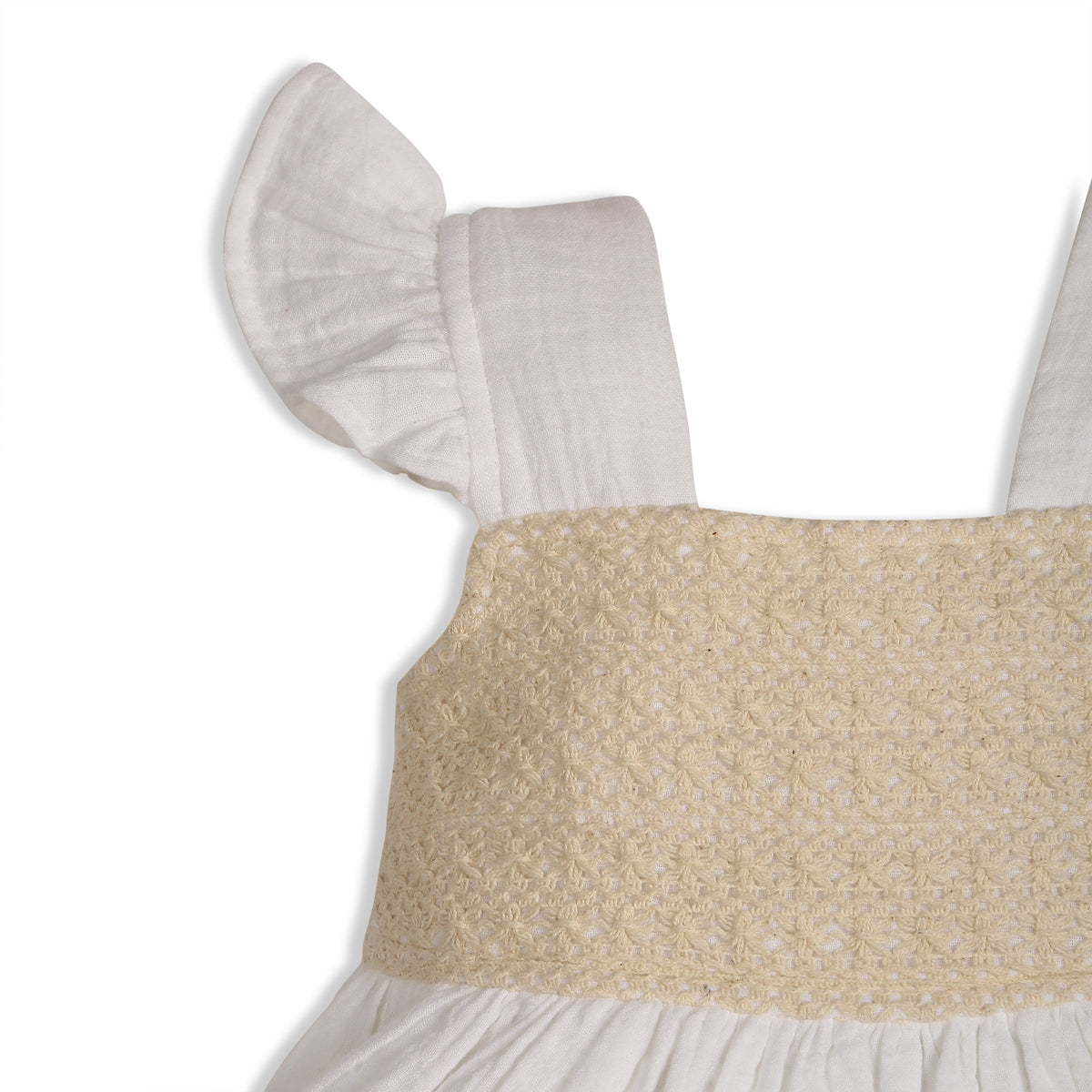 My Milestones Dove Crochet Yoke Dress in Double Cloth with Crochet Lace Details - White