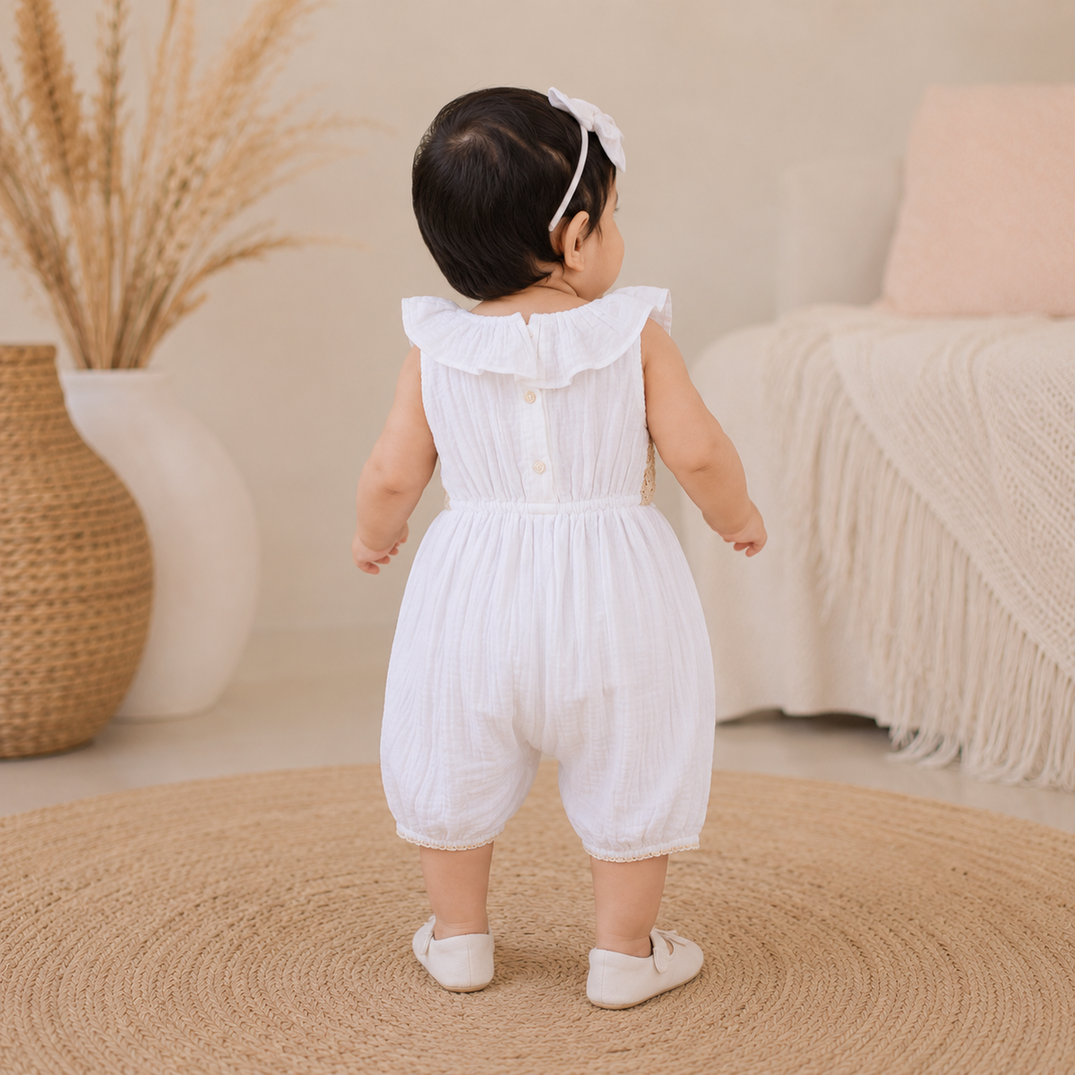 My Milestones Fawn Crochet Yoke Romper in Double Cloth with Ruffle Details - White