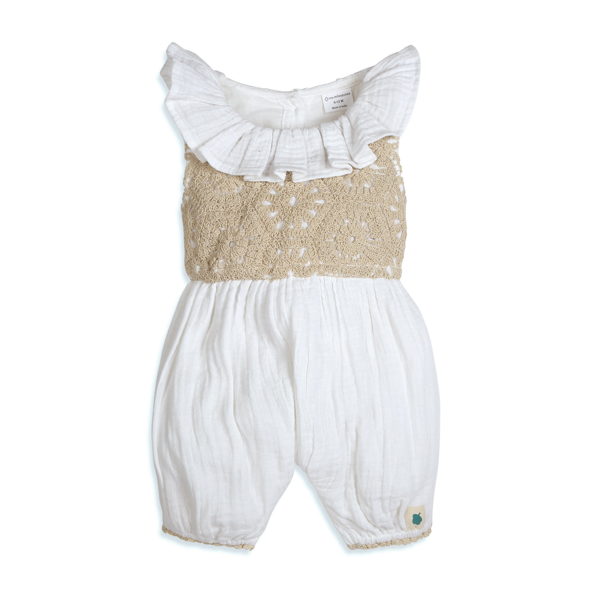 My Milestones Fawn Crochet Yoke Romper in Double Cloth with Ruffle Details - White