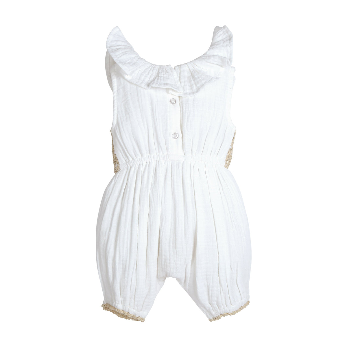 My Milestones Fawn Crochet Yoke Romper in Double Cloth with Ruffle Details - White