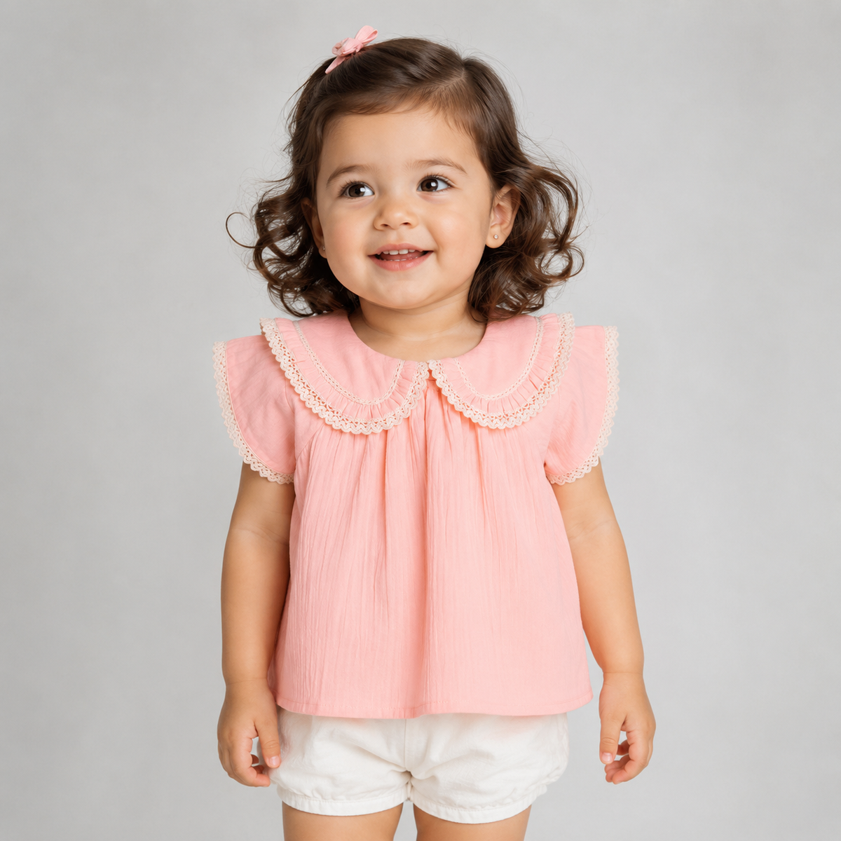Peony Double Cloth Top with Crochet Lace Detail & Peter Pan Collar - Peach