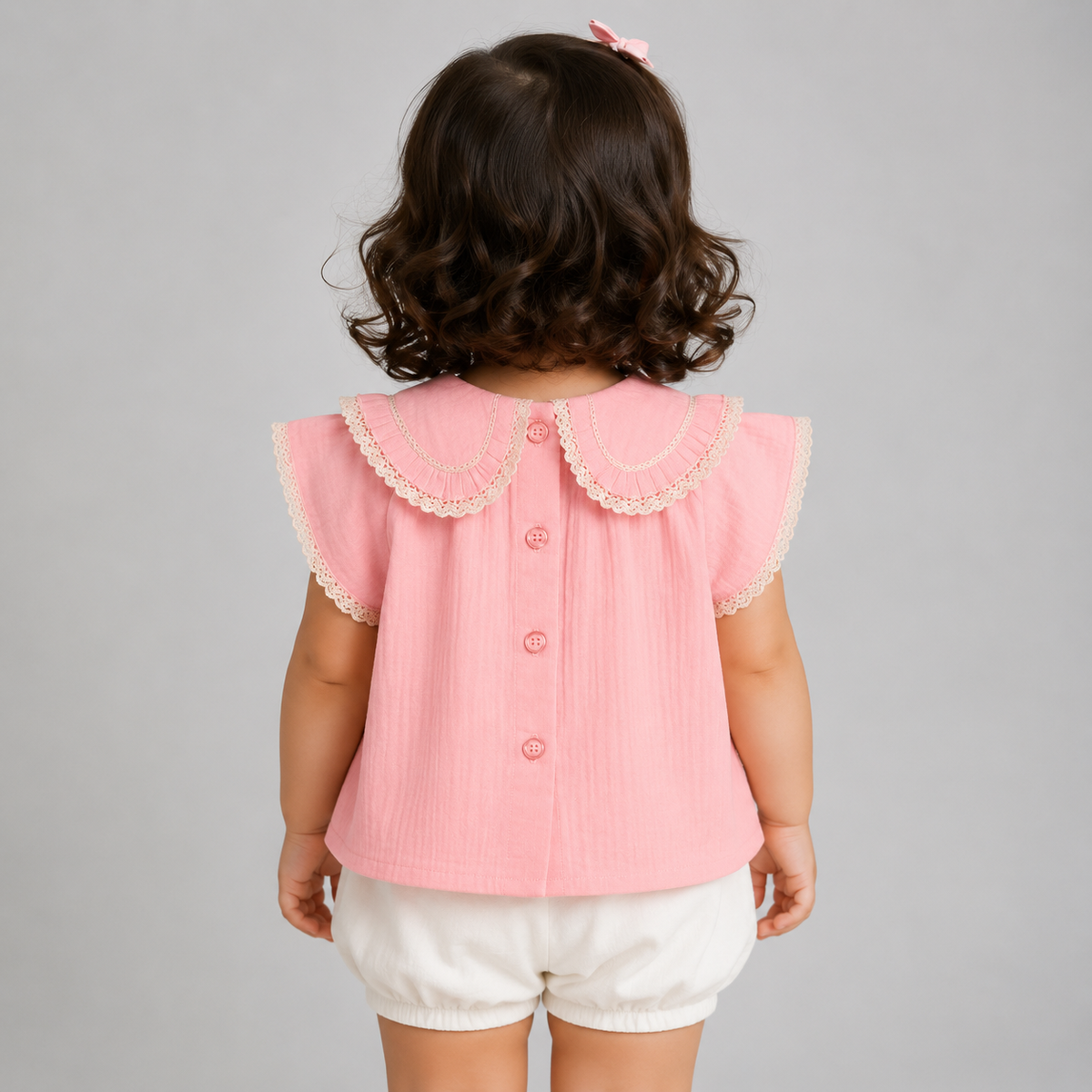 Peony Double Cloth Top with Crochet Lace Detail & Peter Pan Collar - Peach