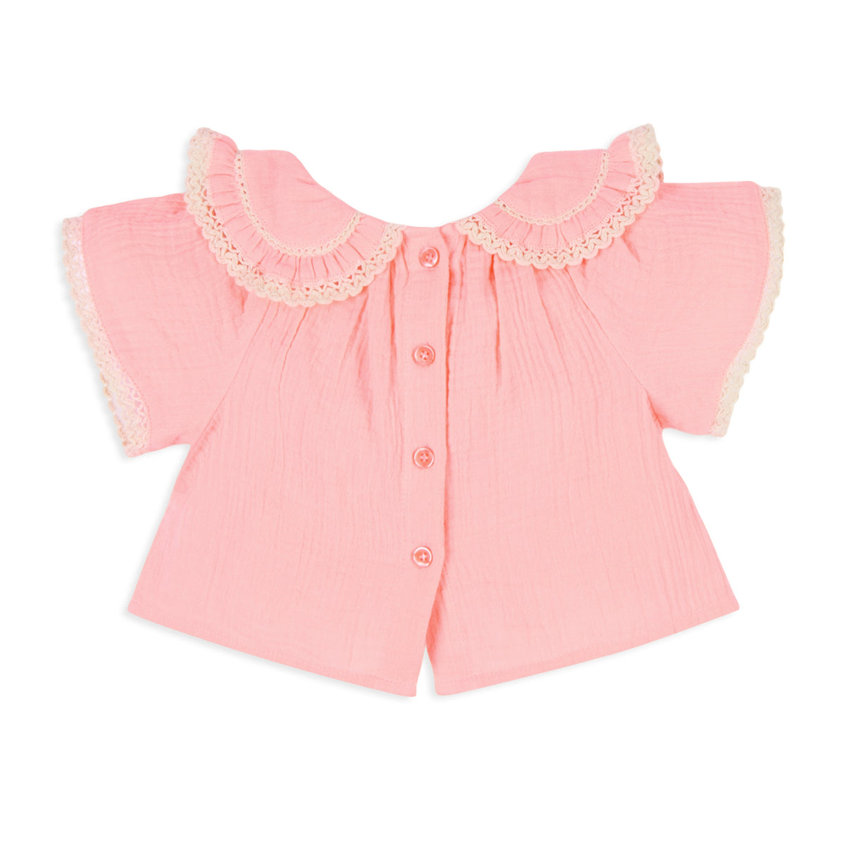 Peony Double Cloth Top with Crochet Lace Detail & Peter Pan Collar - Peach