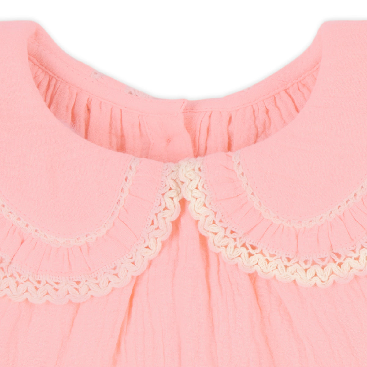 Peony Double Cloth Top with Crochet Lace Detail & Peter Pan Collar - Peach