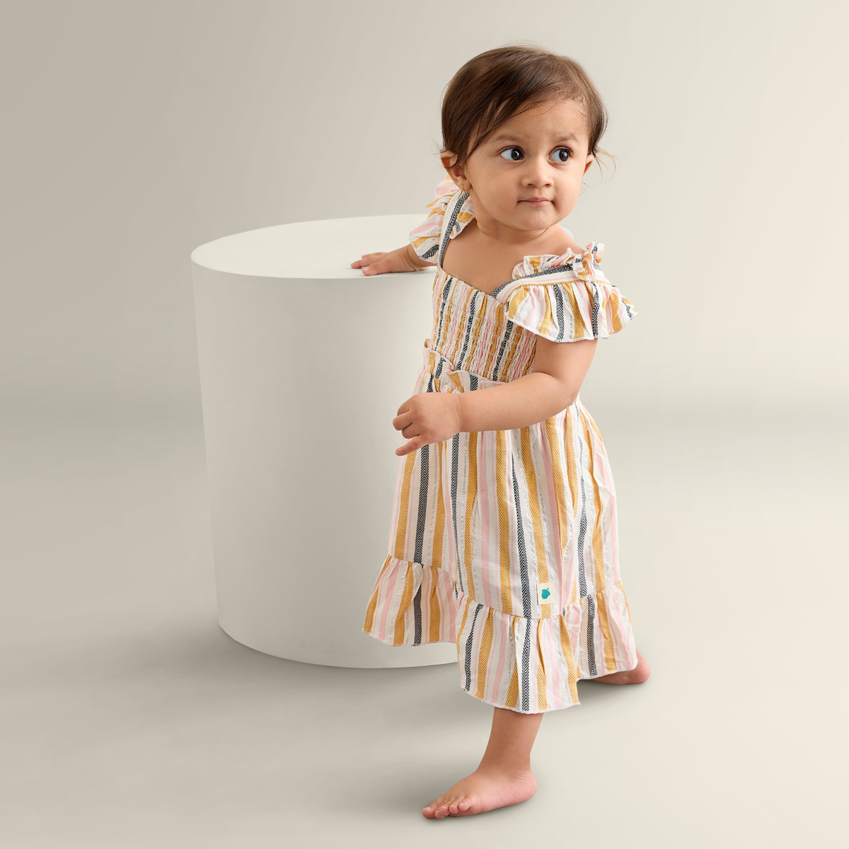 My Milestones Sparkle Lurex Dress with Smocking & Ruffle Details - Multi