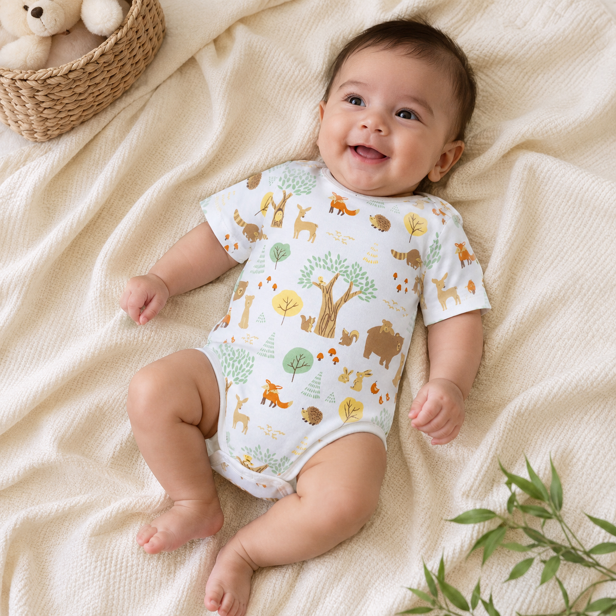 My Milestones Bio-Wash 100% Cotton Baby Boy Woodland Wonder Print Bodysuit - White