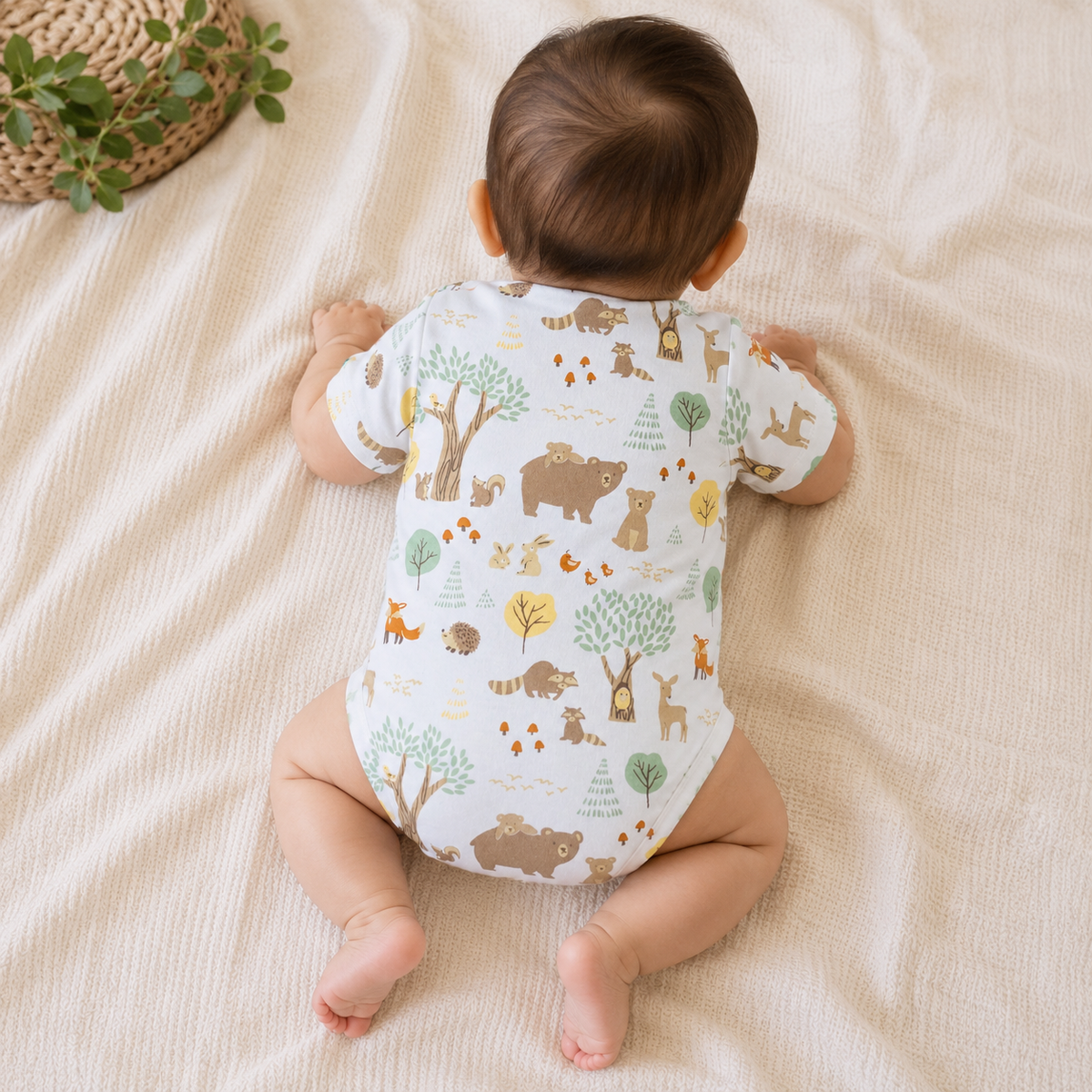 My Milestones Bio-Wash 100% Cotton Baby Boy Woodland Wonder Print Bodysuit - White