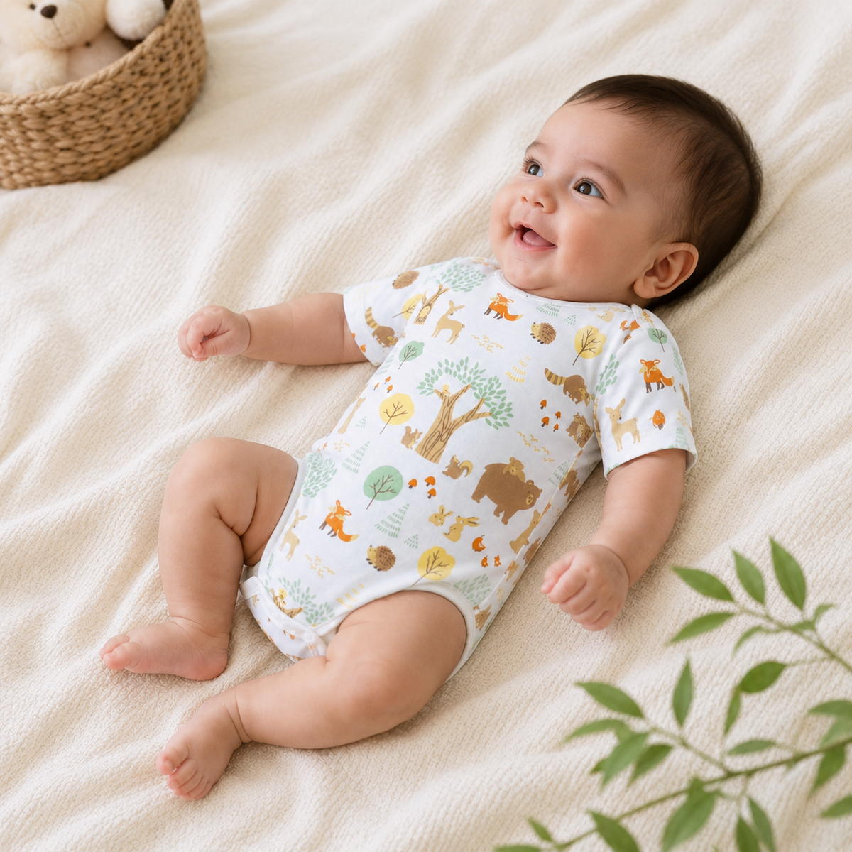 My Milestones Bio-Wash 100% Cotton Baby Boy Woodland Wonder Print Bodysuit - White