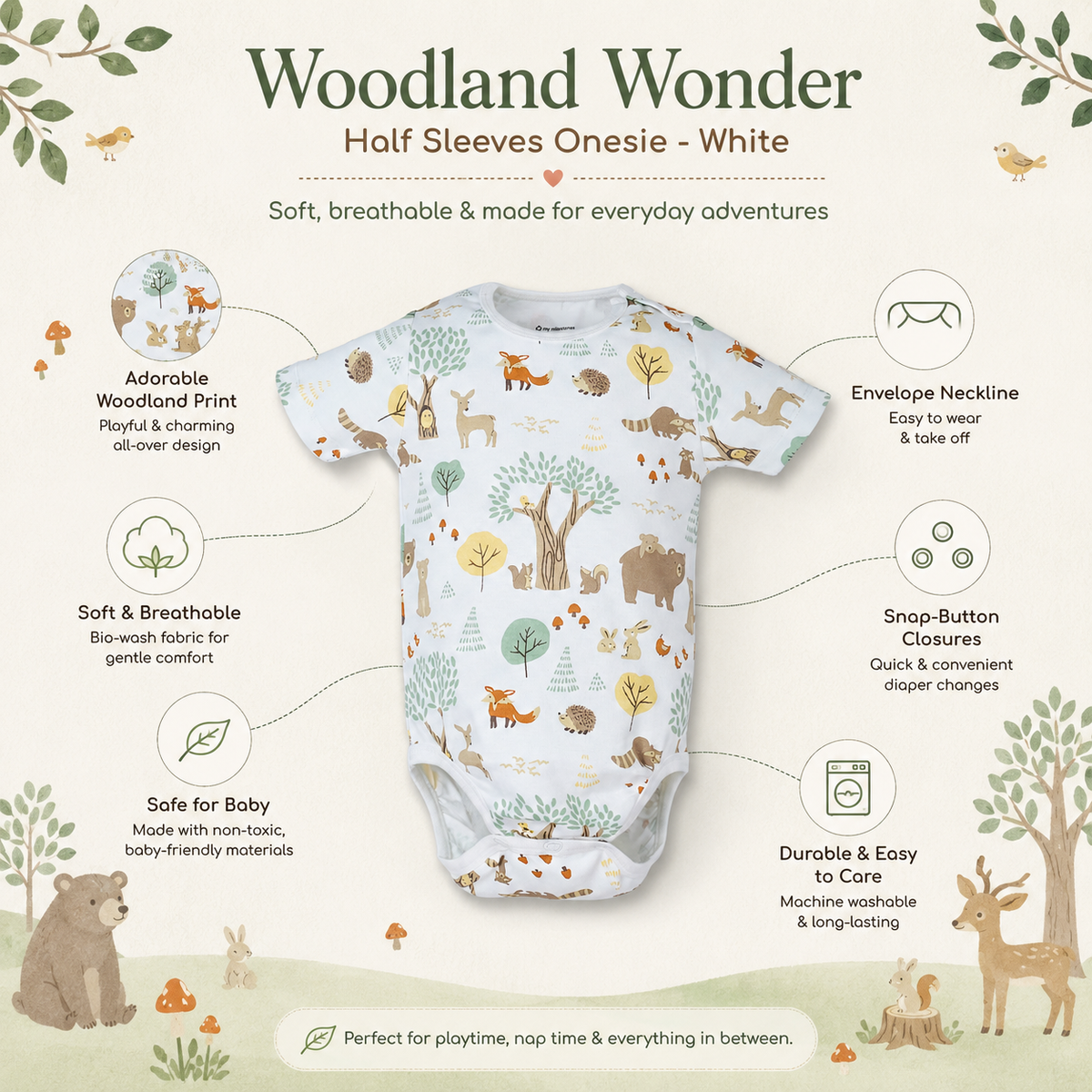My Milestones Bio-Wash 100% Cotton Baby Boy Woodland Wonder Print Bodysuit - White