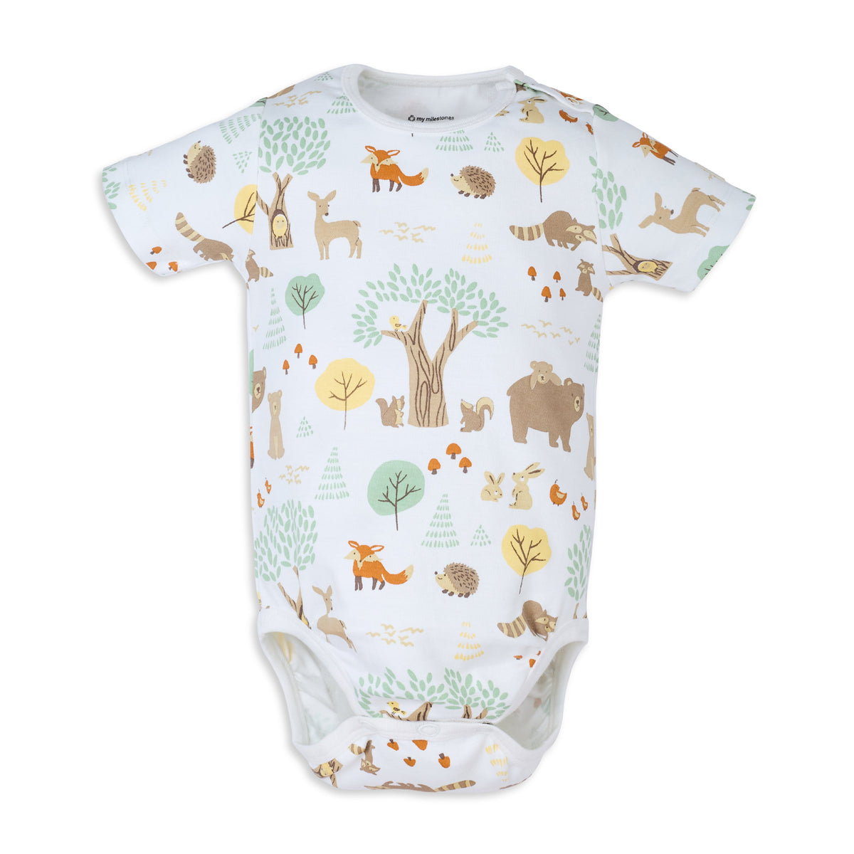 My Milestones Bio-Wash 100% Cotton Baby Boy Woodland Wonder Print Bodysuit - White