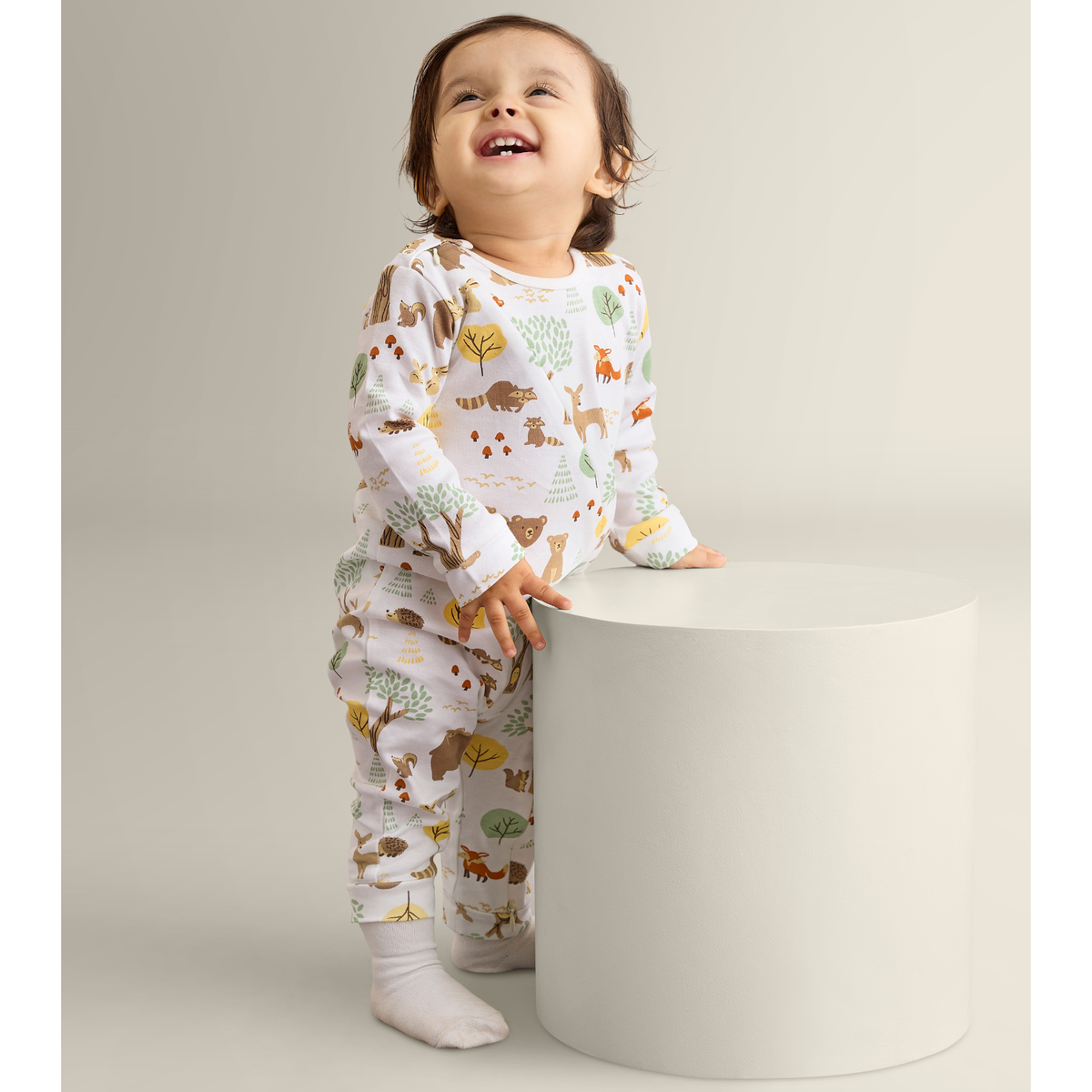 My Milestones Bio-Wash 100% Cotton Baby Boy Woodland Wonder Print Romper - White