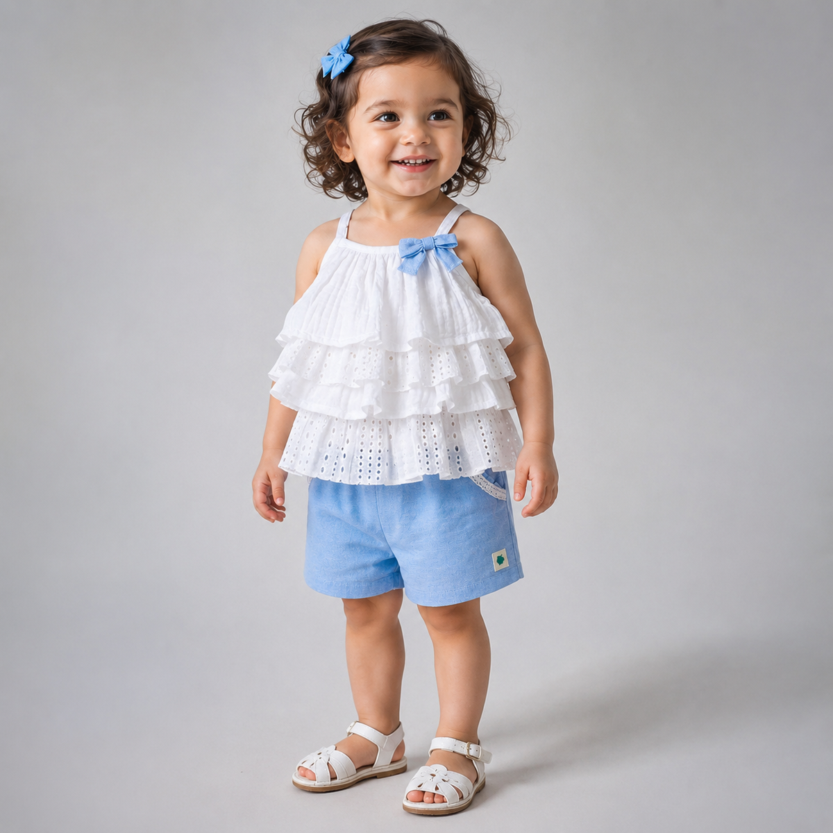 Mia Sky Tiered Top in Eyelet & Double Cloth with Chambray Shorts Set - White & Blue
