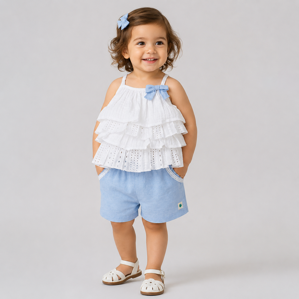 Mia Sky Tiered Top in Eyelet & Double Cloth with Chambray Shorts Set - White & Blue